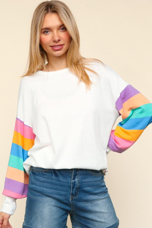 Stand Out Cream Stripe Drop Shoulder Hacci Knit Pullover