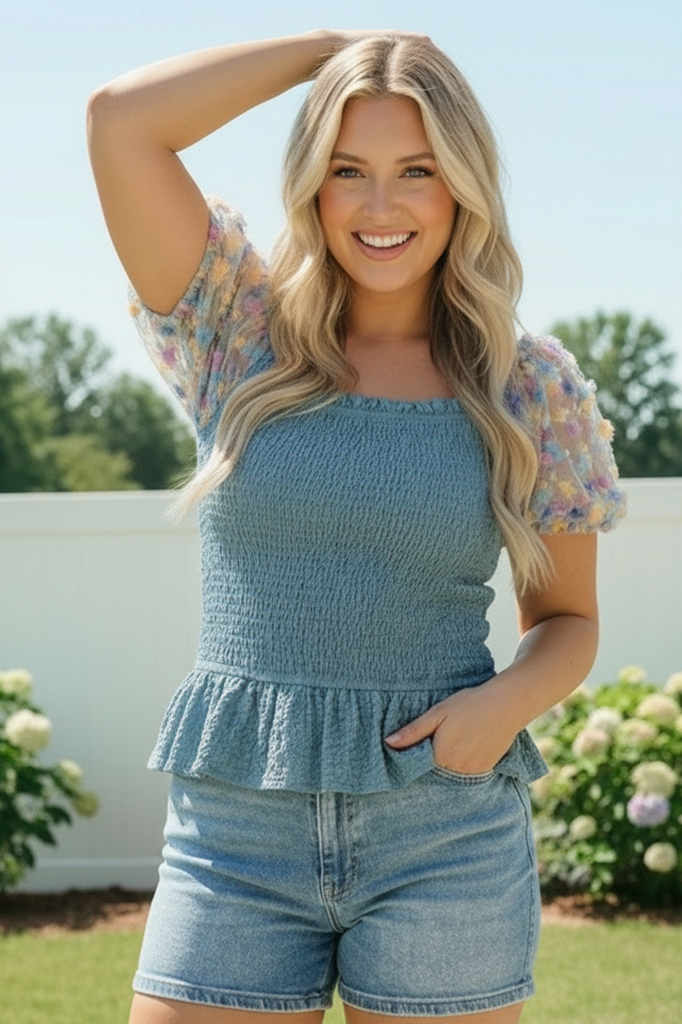 Smocked Peplum Top with Floral Puff Sleeves