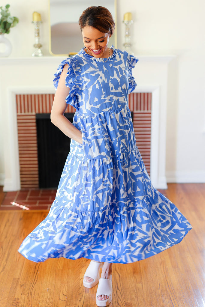 Blue & White Abstract Print Tiered Smocked Ruffle Sleeve Maxi Dress