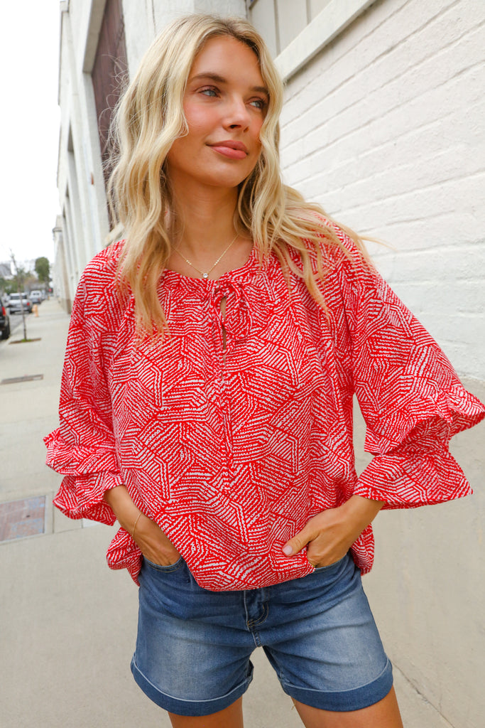 Diva Dreams Red Abstract Print Double Ruffle Sleeve Tie Blouse