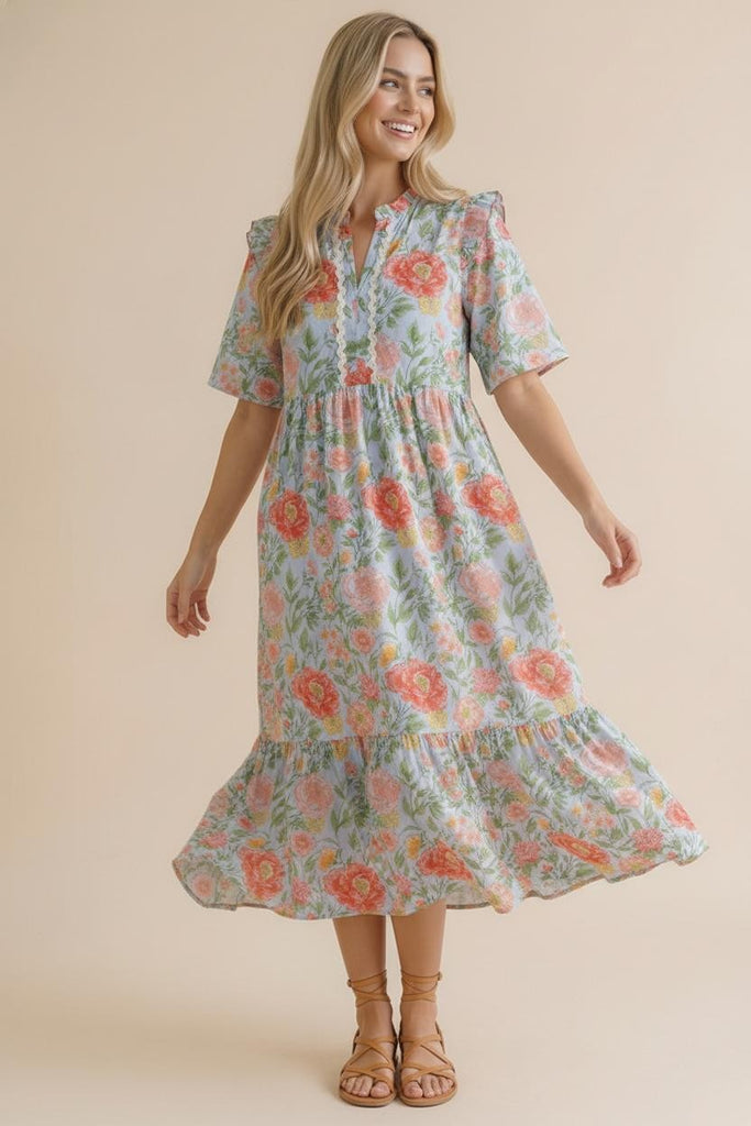 Lunch at the Museum Floral Midi Dress in Sky Blue