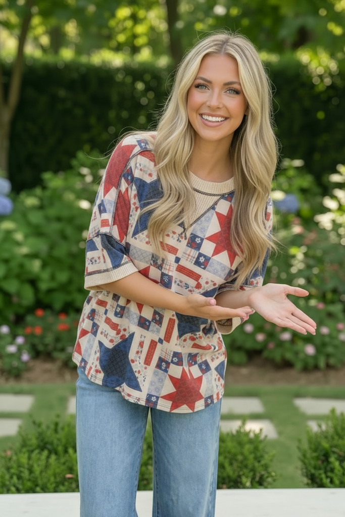 Stars and Patches Quilted Print Top