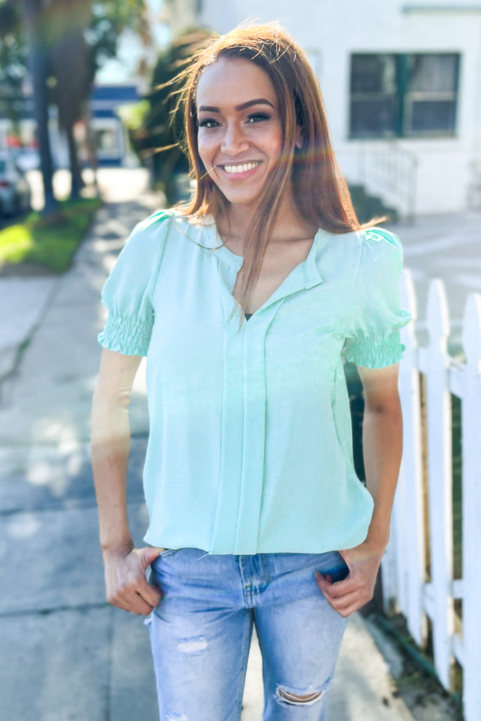 Elegant You Lilac Notched Neck Smocked Short Sleeve Blouse