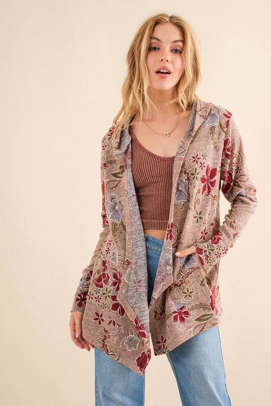 Find Love Bronze Long Sleeve Floral Print Open Cardigan Hoodie