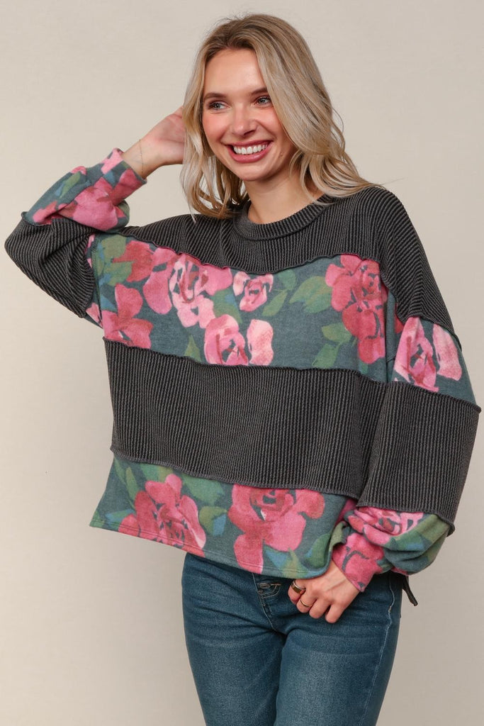 Cottage Roses Charcoal Color Block Long Sleeve