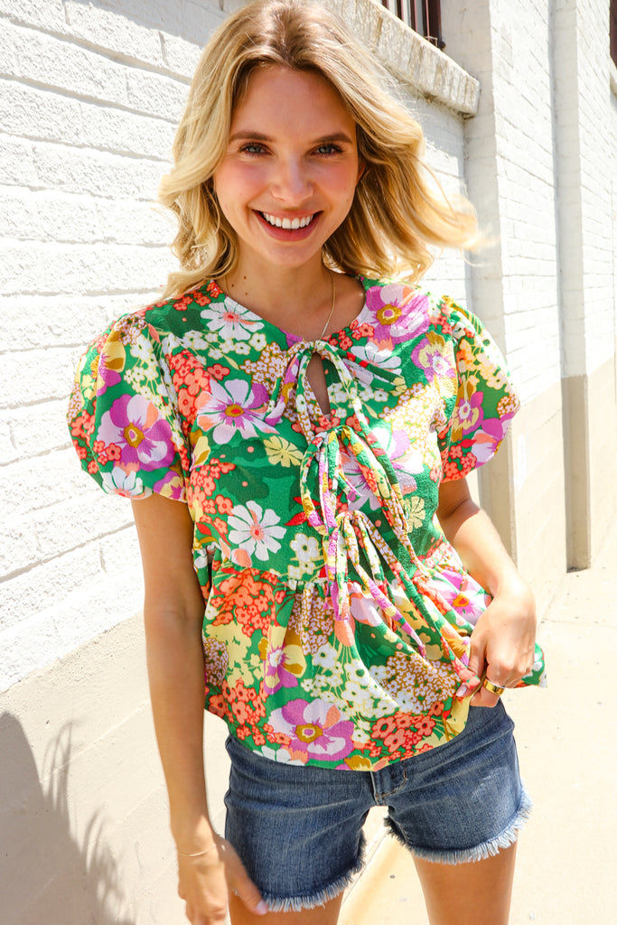 Spring Vibes Green Floral Ribbon Tie Babydoll Top
