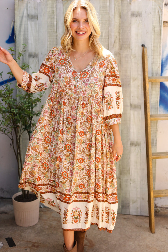 Love Found In Boho Front Button Banded Sleeve Midi Dress